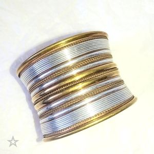 WIDE CUFF BRACELET - BRASS, SILVERTONE & COPPER
